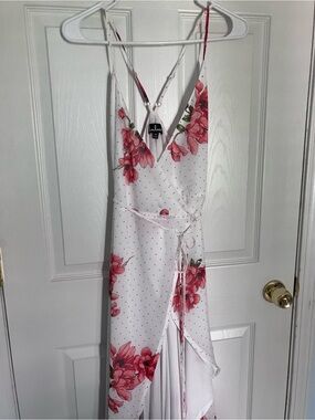 Lulus Floral Hi-Low Wrap Maxi Dress with Red/ Dark Pink Dots and Flowers